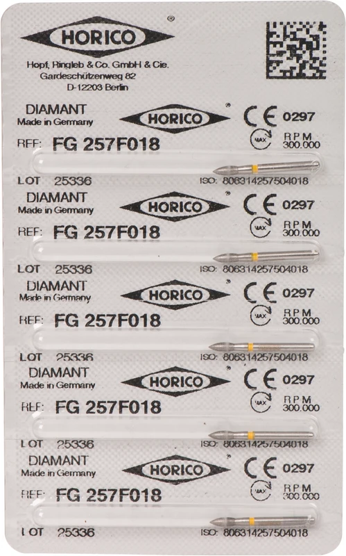 Diamantschleifer 257  Packung  5 Stück gelb x-fein, FG, Figur 257, 4,5 mm, ISO 018