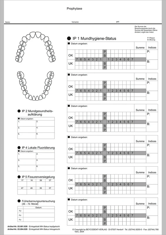 Einlegeblatt Mundhygiene-Status  Packung  100 Stück, linksgelocht
