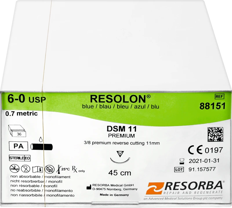 RESOLON®  Packung  36 Stück blau, 45 cm, DSM11, 3\8 Kreis, außen schneidend, Premium-Schliff, 11 mm, USP 6\0