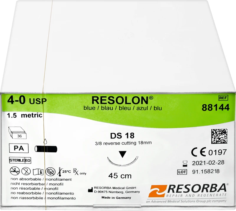 RESOLON®  Packung  36 Stück blau, 45 cm, DS18, 3\8 Kreis, außen schneidend, 18 mm, USP 4\0