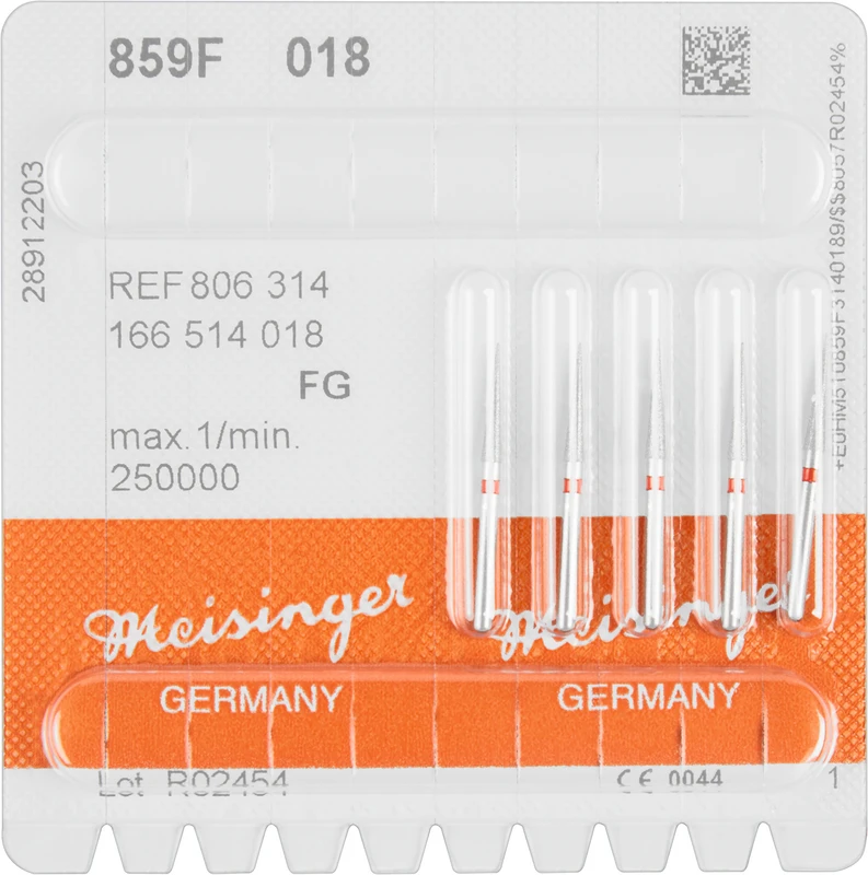 Diamanten 859  Packung  5 Stück rot fein, FG, Figur 166 kon. spitz, 10 mm, ISO 018