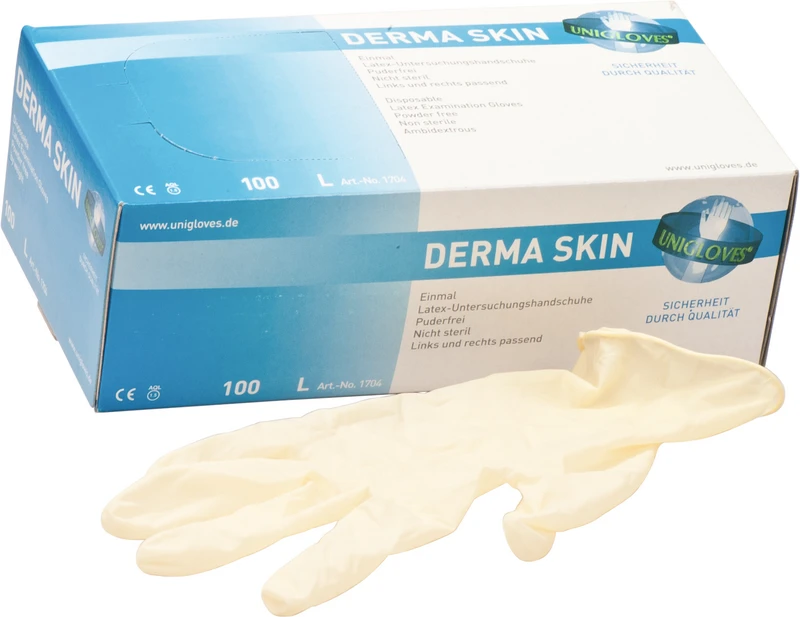 DERMA SKIN Latexhandschuhe  Packung  100 Stück puderfrei, naturlatex, L