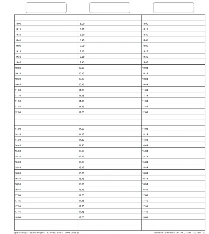 Einlageblatt Patienten-Terminbuch mit Uhrzeit   Packung  50 Stück mit Uhrzeit, verstärkt