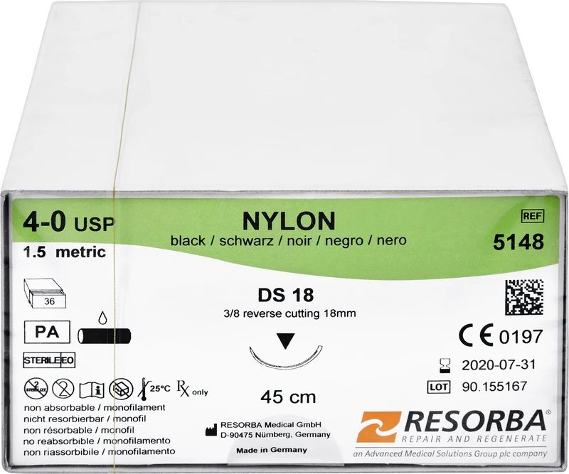 Nylon Monofil  Packung  36 Stück schwarz, 45 cm, DS18, 3\8 Kreis, außen schneidend, 18 mm, USP 4\0