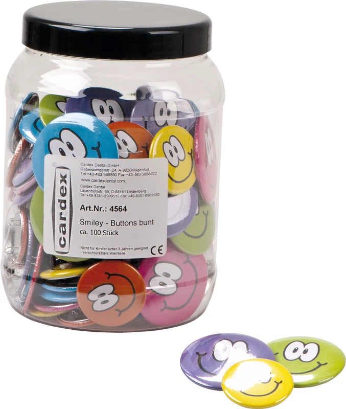 Smiley-Buttons  Box  100 Stück, Ø 38 mm, Ø 50 mm