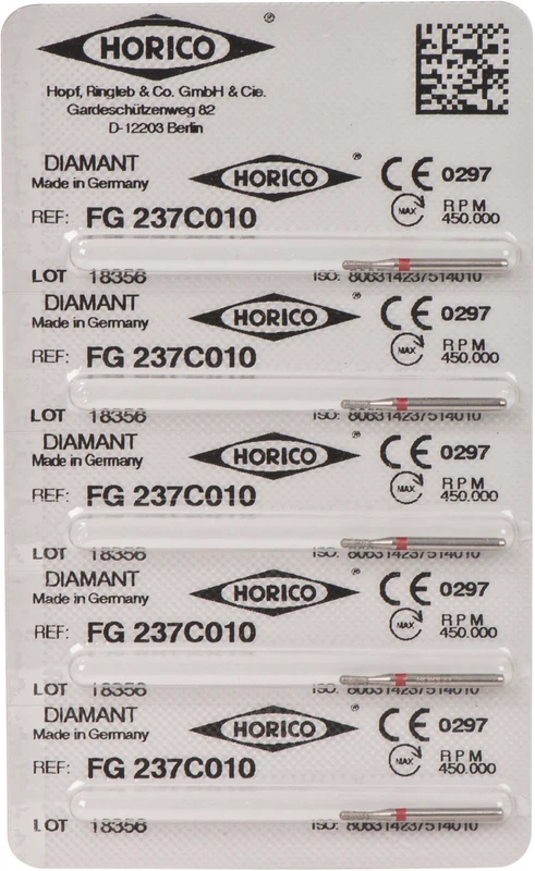 Diamantschleifer 237  Packung  5 Stück rot fein, FG, Figur 237, 3 mm, ISO 010