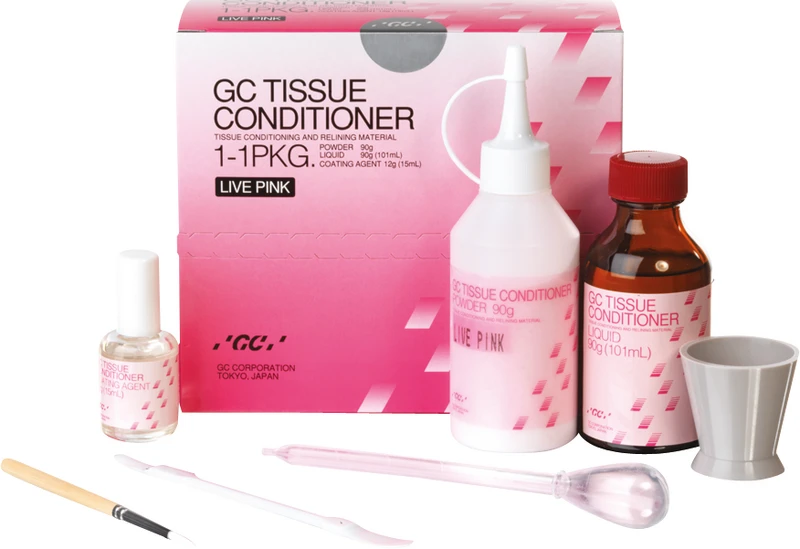GC TISSUE CONDITIONER  Intropackung  90 g Pulver, 101 ml Flüssigkeit, 15 ml Coating, Zubehör Live pink