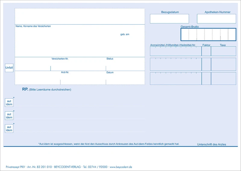 Privatrezepte der PKV   Packung  100 Stück