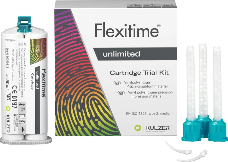 Flexitime® unlimited   Trial Kit  50 ml Kartusche, 3 Mixing Tips, 6 Intraoral Tips, 1 Gebrauchsinformation, 1 Guide