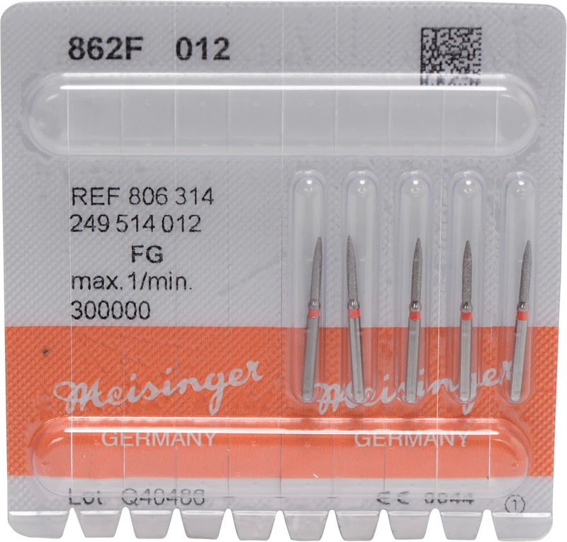 Diamanten 862  Packung  5 Stück rot fein, FG, Figur 249 Flamme, 8 mm, ISO 012