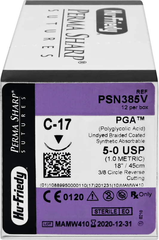 Perma Sharp PGA  Packung  12 Stück ungefärbt, 45 cm, C-17, 3\8 Kreis, schneidend, Rückstich, 12 mm, USP 5\0