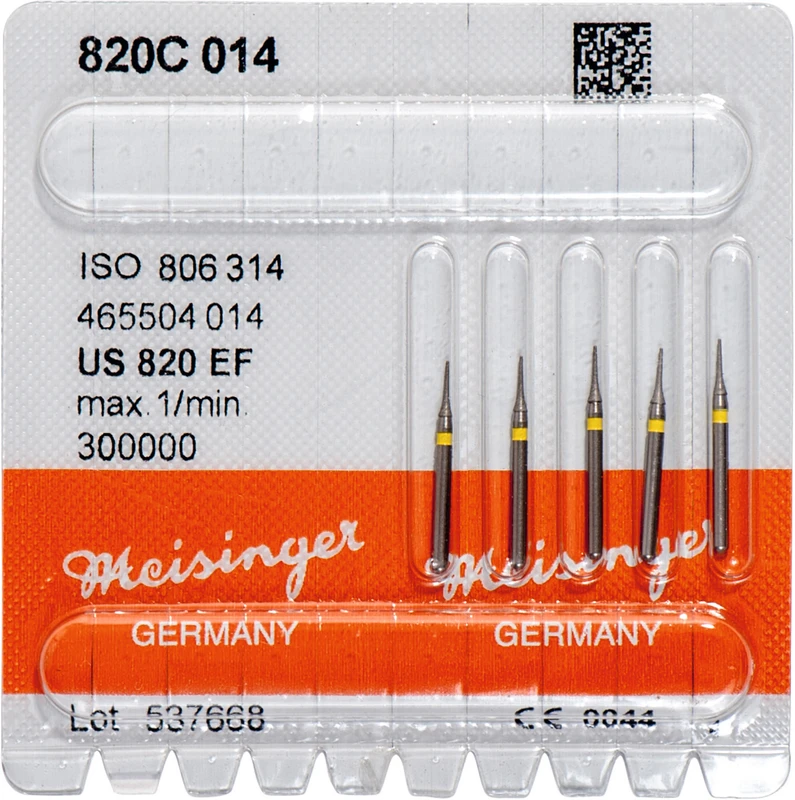 Diamanten 820  Packung  5 Stück gelb extra fein, FG, Figur 465 Interdental, 5 mm, ISO 014