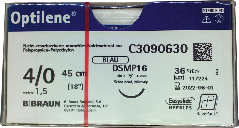 Optilene®  Packung  36 Stück blau, 45 cm, DSMP16, 3\8 Kreis, schneidend, Mikropräzision, 16 mm, USP 4\0