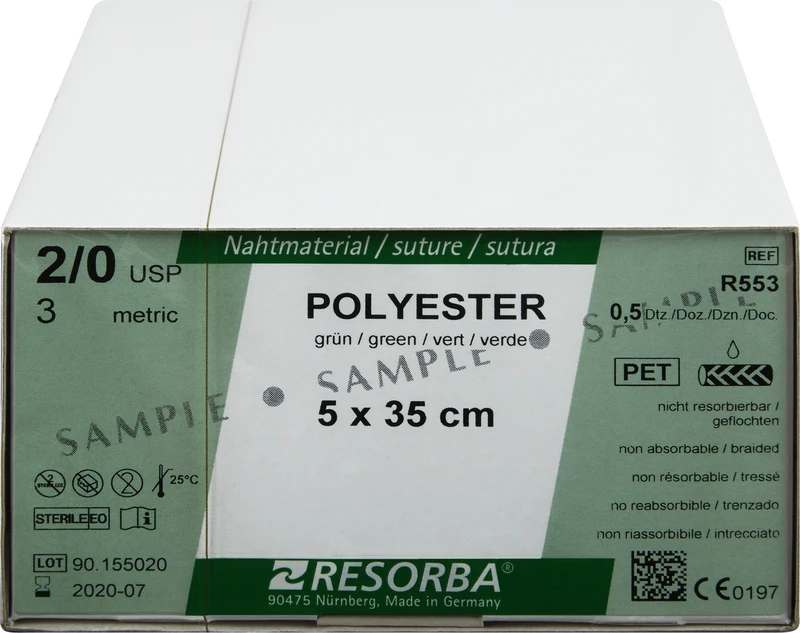 RESORBA® Polyester Fäden  Packung  24 Stück grün, 5 x 35 cm, USP 2\0