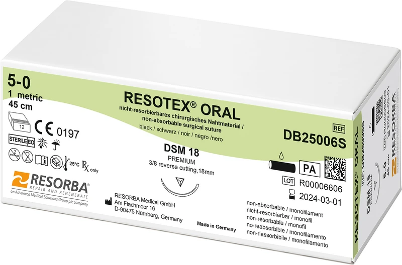 Resotex® Oral  Packung  12 Stück schwarz, 45 cm, DSM18 silber, 3\8 Kreis, außen schneidend, 18 mm, USP 5\0
