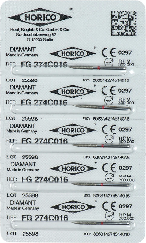 Diamantschleifer 274  Packung  5 Stück rot fein, FG, Figur 274, 10 mm, ISO 016