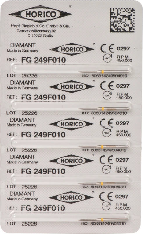 Diamantschleifer 249  Packung  5 Stück gelb x-fein, FG, Figur 249, 8 mm, ISO 010