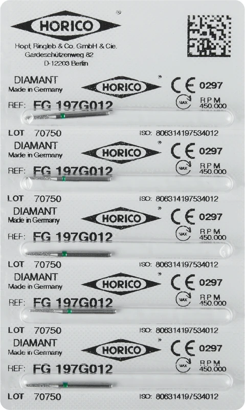 Diamantschleifer 197  Packung  5 Stück grün grob, FG, Figur 197, 6 mm, ISO 012