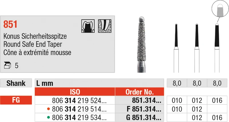 Diamanten 851  Packung  5 Stück rot fein, FG, Figur 219 Konus Sicherheitsspitze, 8 mm, ISO 012