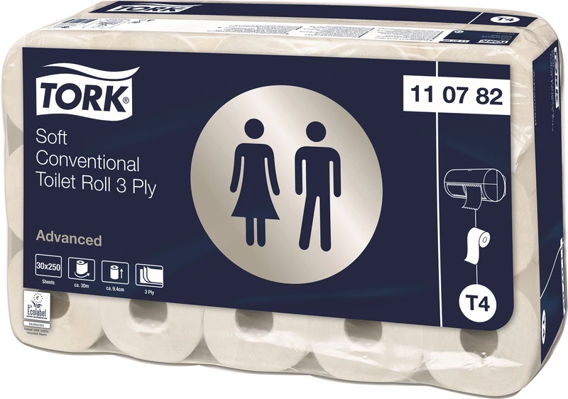 TORK® extra weiches Kleinrollen Toilettenpapier   Packung  30 Stück 3-lagig, weich, geprägt, 9,4 x 12 cm, weiß