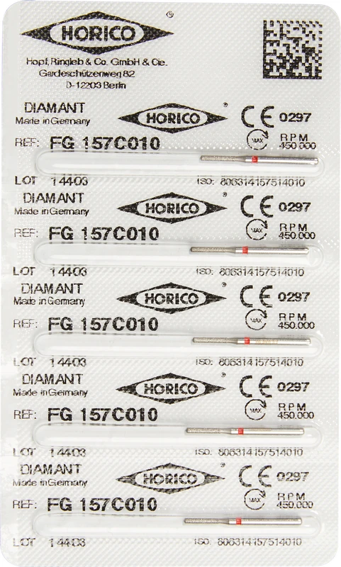 Diamantschleifer 157  Packung  5 Stück rot fein, FG, Figur 157, 6 mm, ISO 010