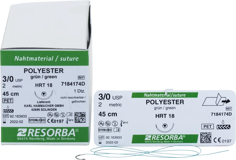 RESORBA® Polyester  Packung  12 Stück grün, 45 cm, HRT18, 1\2 Kreis, schneidender Rundkörper, 18 mm, USP 3\0