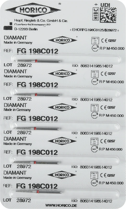 Diamantschleifer 198  Packung  5 Stück rot fein, FG, Figur 198, 8 mm, ISO 012