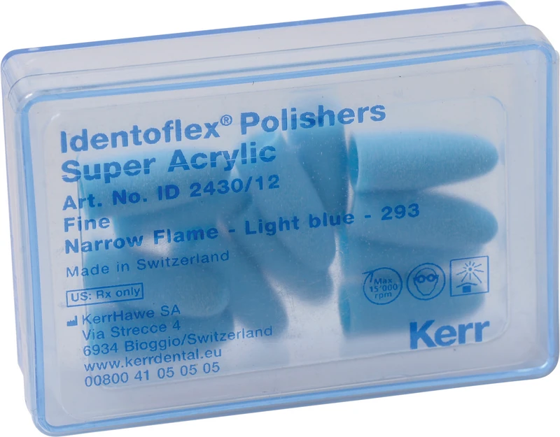 Identoflex Super Acrylic Polishers  Packung  12 Stück unmontiert, hellblau fein, Flamme schmal