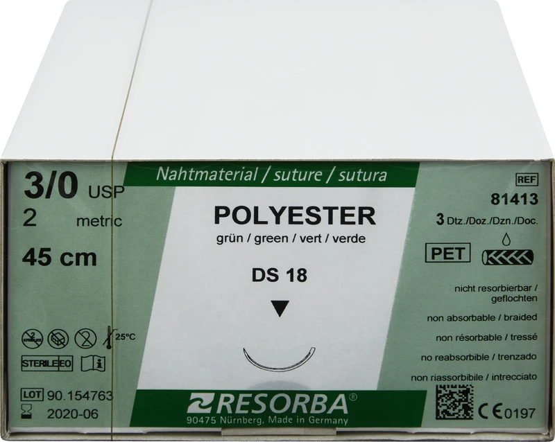 RESORBA® Polyester  Packung  36 Stück grün, 45 cm, DS18, 3\8 Kreis, außen schneidend, 18 mm, USP 3\0