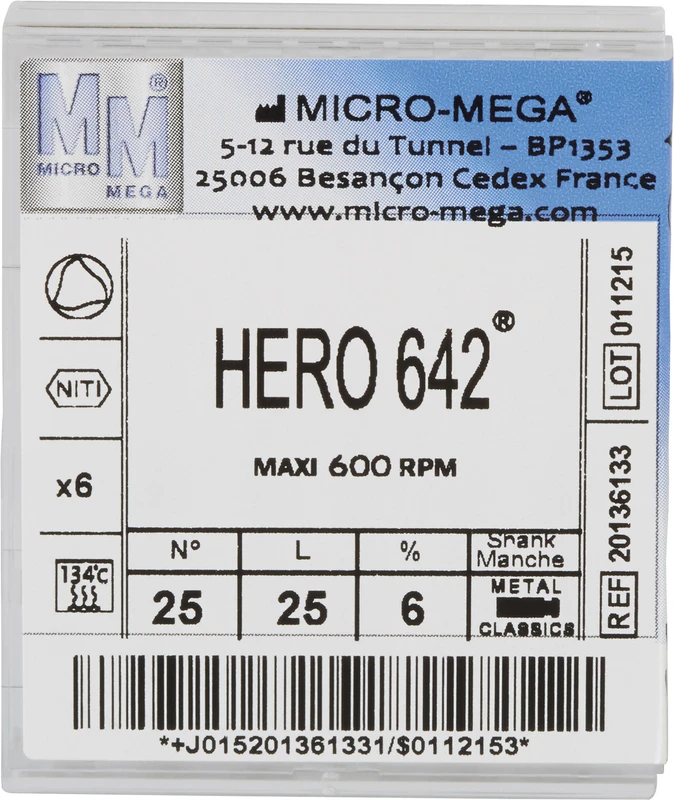 HERO 642 Feilen  Packung  6 Stück 25 mm, Taper.06, ISO 025