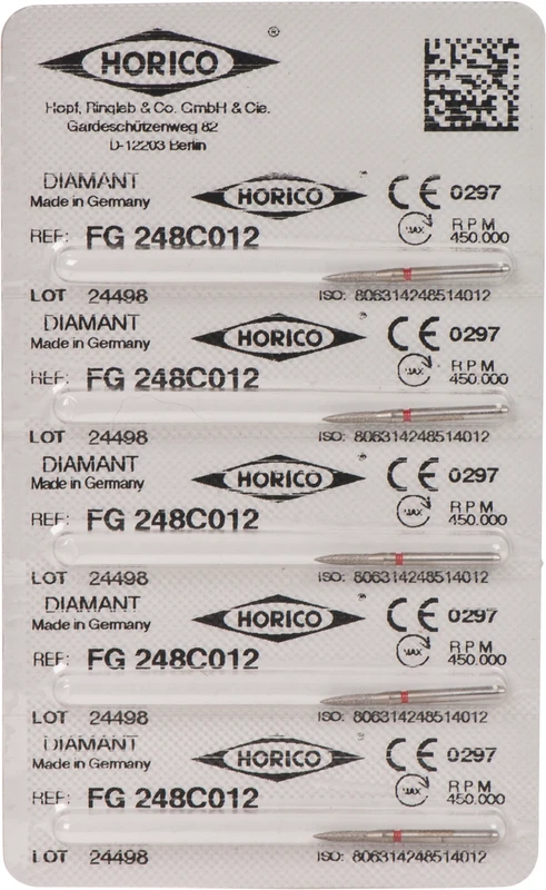 Diamantschleifer 248  Packung  5 Stück rot fein, FG, Figur 248, 6 mm, ISO 012