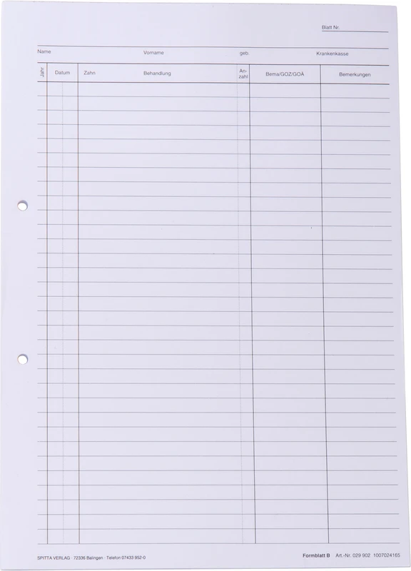 Krankenblatt B   Stück  100 Blatt weiß, seitlich gelocht, für DIN A4