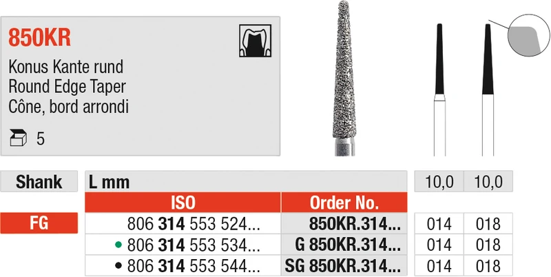 Diamanten 850KR  Packung  5 Stück grün grob, FG, Figur 553 Konus Kante rund, 10 mm, ISO 014