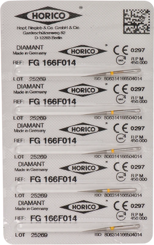 Diamantschleifer 166   Blister  5 Stück gelb x-fein, FG, Figur 166, 10 mm, ISO 014