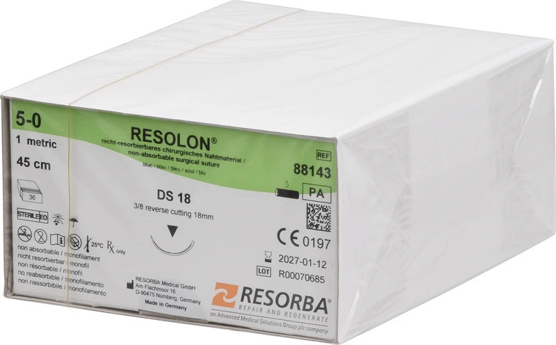 RESOLON®  Packung  36 Stück blau, 45 cm, DS18, 3\8 Kreis, außen schneidend, 18 mm, USP 5\0