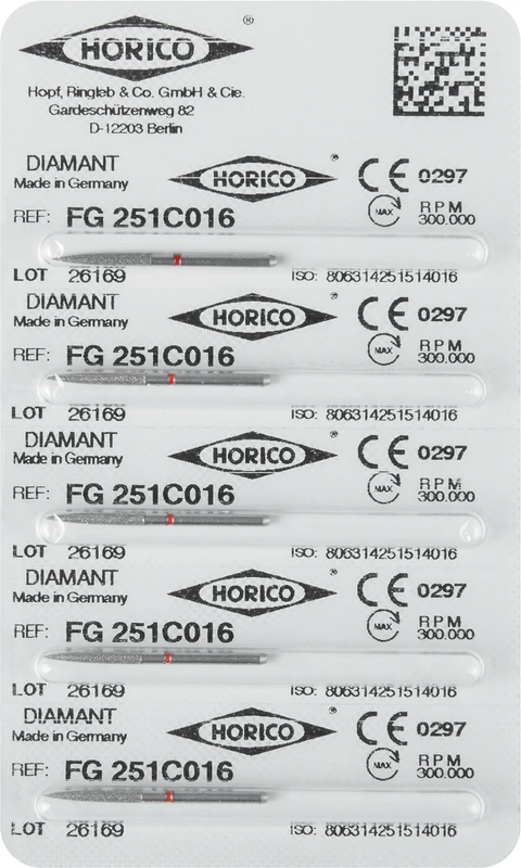 Diamantschleifer 251  Packung  5 Stück rot fein, FG, Figur 251, 11,5 mm, ISO 016