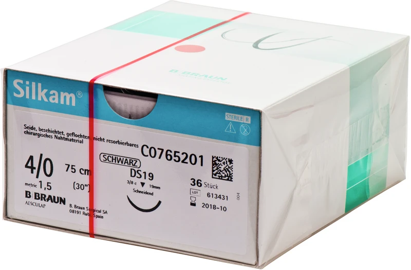 Silkam®  Packung  36 Stück schwarz, 75 cm, DS19, 3\8 Kreis, schneidend, 19 mm, USP 4\0