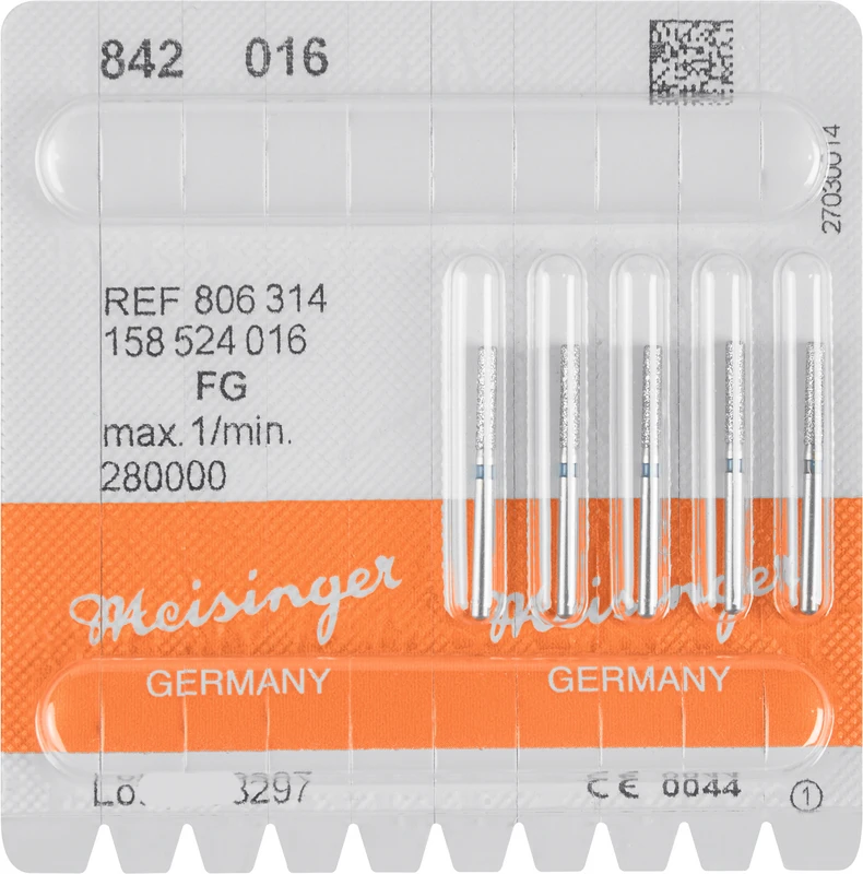 Diamanten 842  Packung  5 Stück blau mittel, FG, Figur 158 Zylinder abgerundet, 8 mm, ISO 016