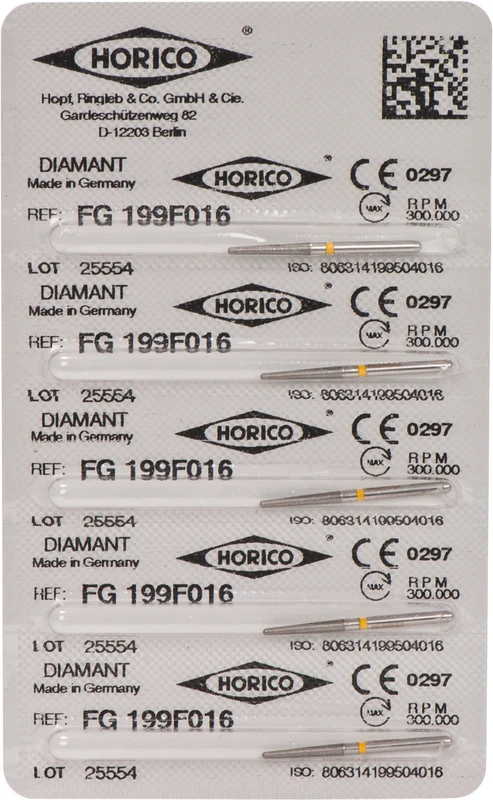 Diamantschleifer 199  Packung  5 Stück gelb x-fein, FG, Figur 199, 10 mm, ISO 016