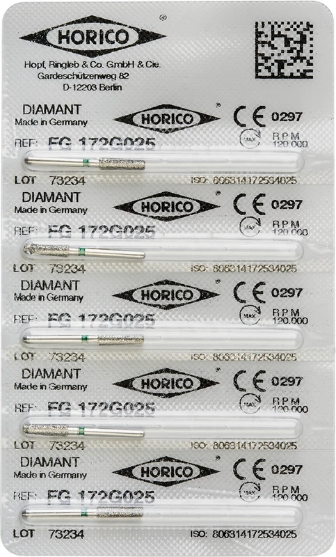 Diamantschleifer 172  Packung  5 Stück grün grob, FG, Figur 172, 8 mm, ISO 025