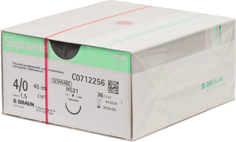 Supramid  Packung  36 Stück schwarz, 45 cm, HS21, 1\2 Kreis, schneidend, 21 mm, USP 4\0