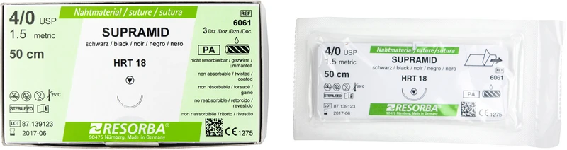 RESORBA® Supramid  Packung  36 Stück schwarz, 50 cm, HRT18, 1\2 Kreis, schneidender Rundkörper, 18 mm, USP 4\0