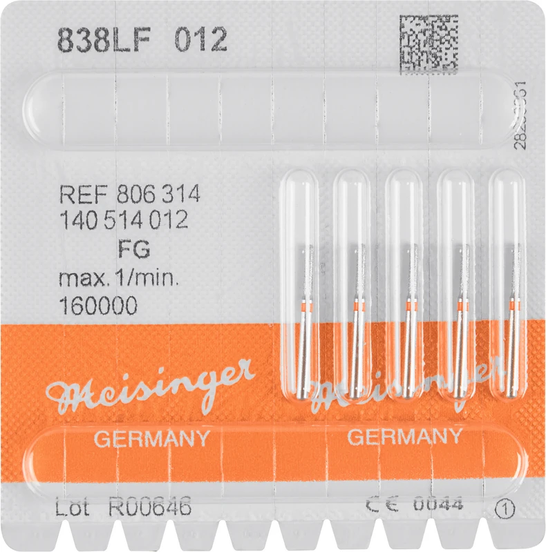 Diamanten 838  Packung  5 Stück rot fein, FG, Figur 140 Zylinder lang, 7 mm, ISO 012