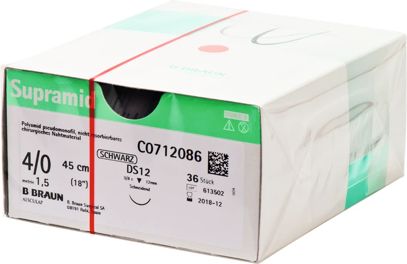 Supramid  Packung  12 Stück schwarz, 45 cm, DS12, 3\8 Kreis, schneidend, 12 mm, USP 4\0