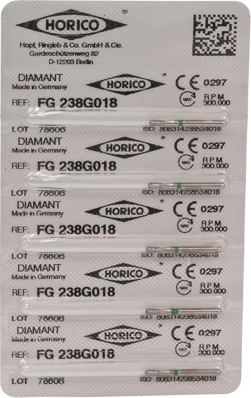 Diamantschleifer 238  Packung  5 Stück grün grob, FG, Figur 238, 4 mm, ISO 018