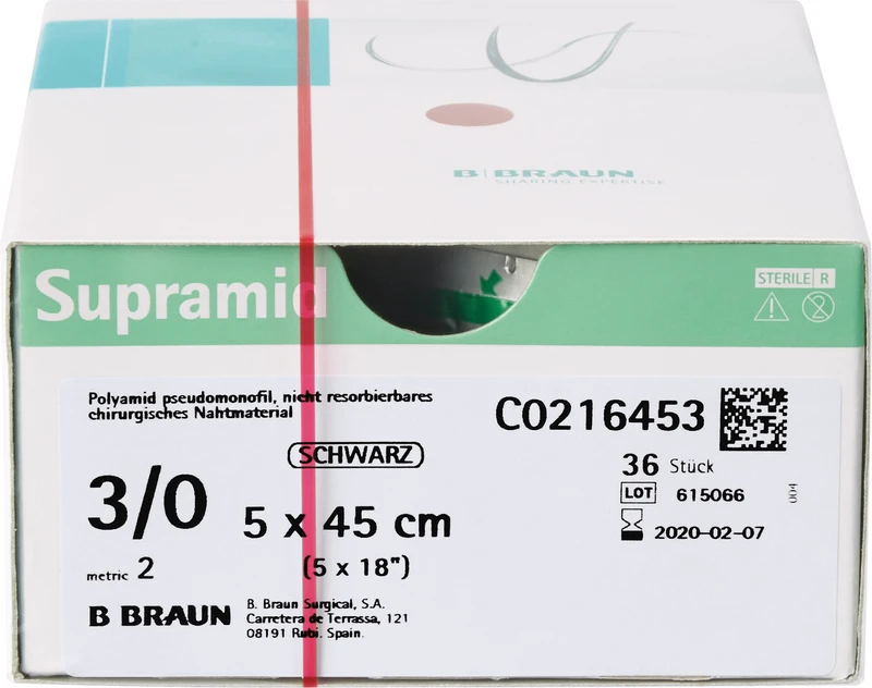 Supramid  Packung  36 Stück schwarz, 5 x 45 cm, USP 3\0