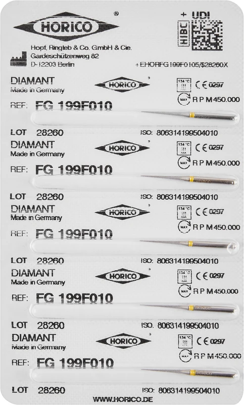 Diamantschleifer 199  Packung  5 Stück gelb x-fein, FG, Figur 199, 10 mm, ISO 010