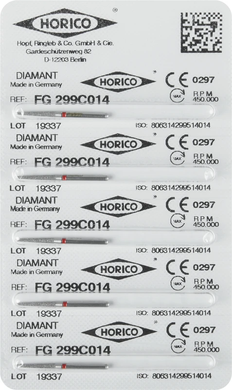 Diamantschleifer 299  Packung  5 Stück rot fein, FG, Figur 299, 10 mm, ISO 014