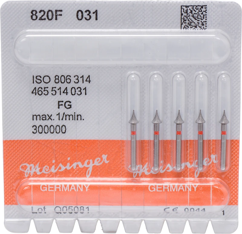 Diamanten 820  Packung  5 Stück rot fein, FG, Figur 465 Interdental, 4 mm, ISO 031