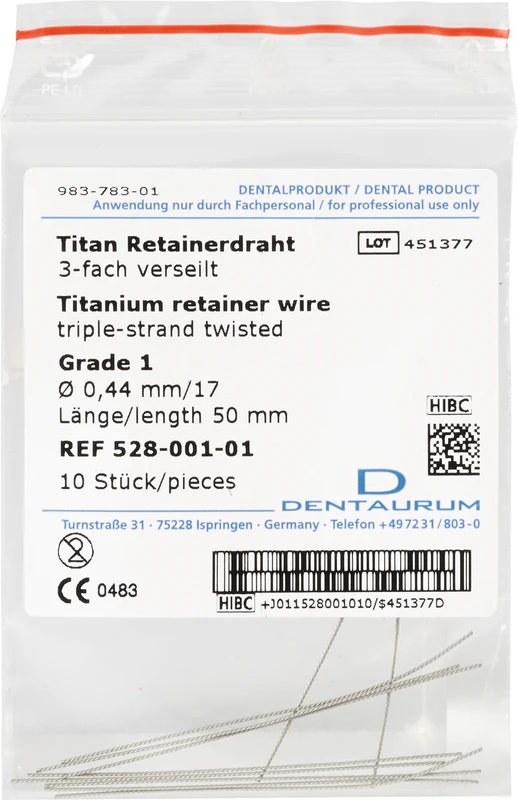 Retainerdraht   Packung  10 Stück 3-fach verseilt, Grade 1, Ø 0,44 mm, Titan